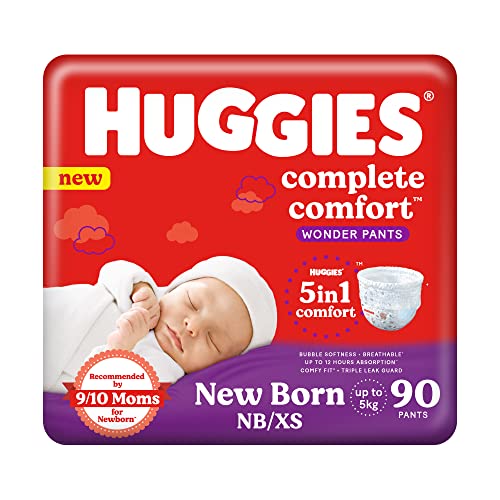 Huggies Complete Comfort Wonder Pants, Extra Small (0-5kg) Size Baby Diaper Pants,(90 count) with 5 in 1 Comfort