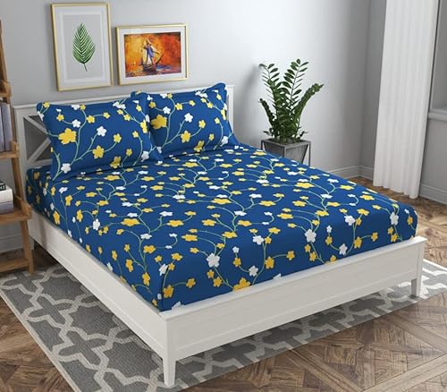 BSB HOME 120 TC Double Abstract Floral Bedsheet with 2 Pillow Covers | 110 GSM Soft Brushed Microfiber – Breathable & Wrinkle Free – (86 X 88 Inch, Dark Blue & Yellow & White) – Aspire Collections