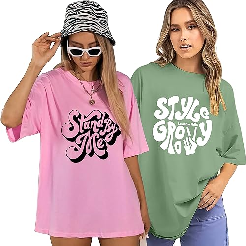 London Hills Cotton Blend Half Sleeve Women Oversized T-Shirts Pack of 2