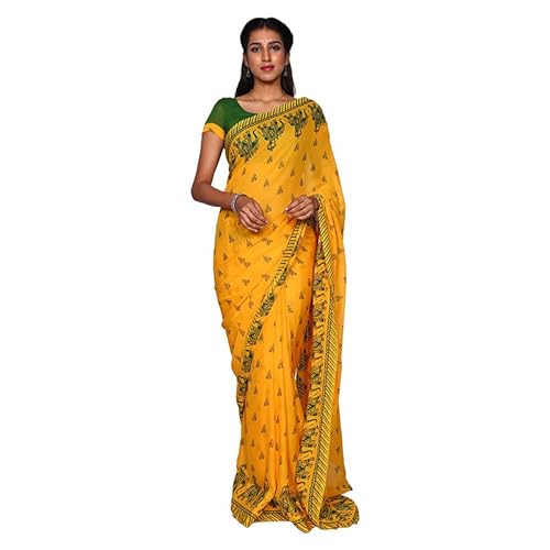 Yashika Women’s Georgette Yellow Color Saree Without Blouse Piece(PRATHANA 06)