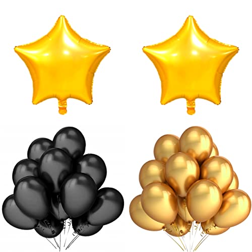 MezoKart Pack of 50 Metallic Latex Balloon 12 Inch for Birthday, Anniversary and Party Decoration (2 Golden Star, Golden-Black)