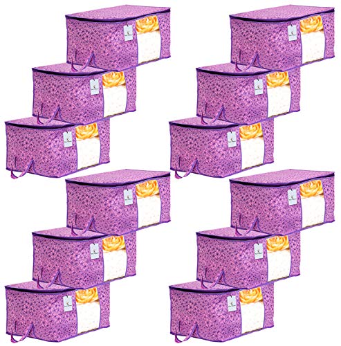 Kuber Industries Metallic Flower Design Non Woven 12 Pieces Underbed Storage Bag, Storage Organiser, Blanket Cover (Pink & Purple) – CTKTC034561