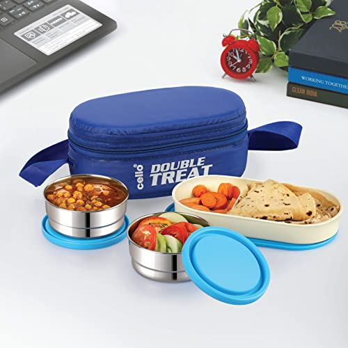 Cello Double Treat Lunch Box with Jacket, 3 Container, (2 Pcs Round Container – 300 ml, 1 Pc Oval Container), Blue, Stainless Steel, Plastic