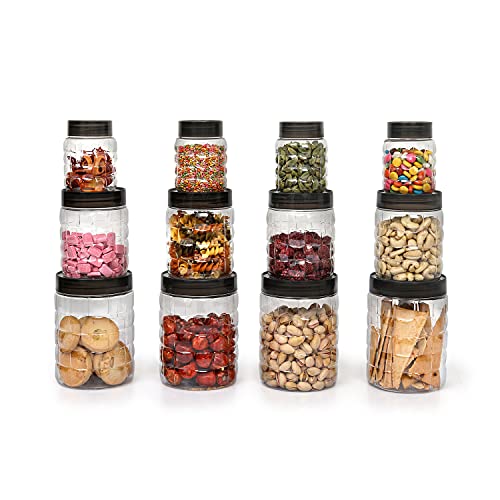 Cello Checkers Pet Plastic Airtight Canister Set | Food grade and BPA free canisters | Durable & Shatterproof Body |Air tight seal & Stackable | Free from any kind of odor | Transparent | 300ml x 4, 650ml x 4, 1200 x 4, Set of 12