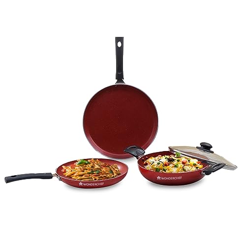 Wonderchef Valencia Non-Stick Cookware 4 Piece Set | Kadhai with Lid, Fry Pan, Dosa Tawa | Cool Touch Bakelite Handles | Pure Grade Aluminium| PFOA Free| 2 Years Warranty | Red