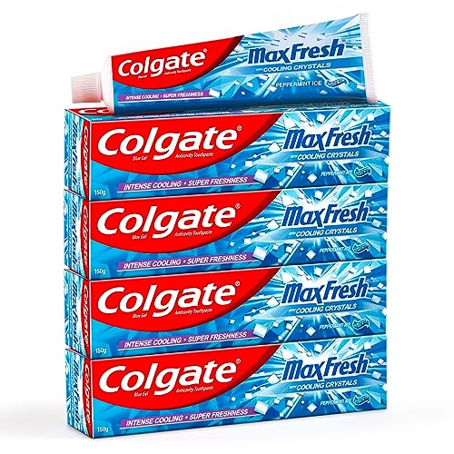 Colgate MaxFresh 600g (150g x 4, Pack of 4) Breath Freshener Toothpaste, Peppermint Ice, Blue Gel Paste with Menthol, Cooling crystals controls Bad Breath