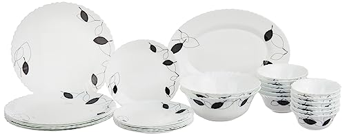 Larah by Borosil Fluted Shadow Dinner Set 27 Pieces, Opal Glass Dinner Plates & Bowls Crockery Set for Dinning, White