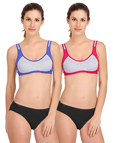 PIBU-Women’s Cotton Sports Bra Panty Set for Women Lingerie Set Sexy Honeymoon Undergarments (Color : Blue,Pink)(Pack of 2) Model No : SK04