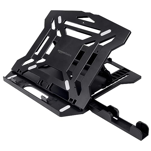 amazon basics 2-in-1 Laptop and Mobile Stand, Ergonomic, Adjustable Height, Anti-Slip Base, Heat Dissipation, Portable, Lightweight, Compatible with All Laptops Up to 15.6″ (Abs, Black)