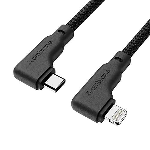 Ambrane Type-C To Lightning Cable, 22.5W Fast Charging, L Shape for Easy Holding, 480Mbps Data Sync, PD Technology, Braided Cable for iPhone, iPad, Macbook, iMac and Airpods – 1.2m (ABLTLS-12 Black)