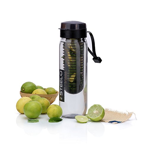Steelo Plastic Fruit Infuser Bottle, 700ml, Black, Set of 1