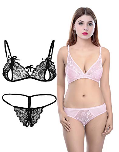 PIBU-Net Bra Panty Set Lingerie Set Full Coverage Non-Padded Non-Wired Honeymoon Set(Pack of 2)(Color -Pink,Black) Model No:145