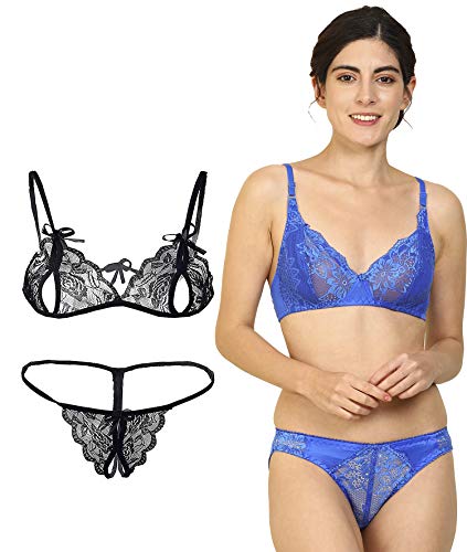 PIBU-Net Bra Panty Set Lingerie Set Full Coverage Non-Padded Non-Wired Honeymoon Set(Pack of 2)(Color -Blue,Black) Model No:114