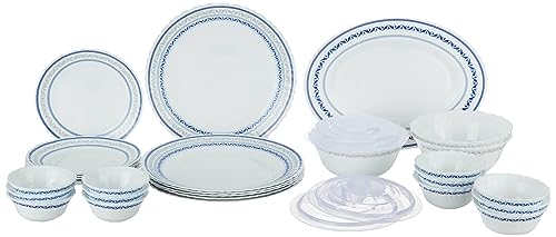Larah by Borosil Fluted Jazzblue Dinner Set 31 Pieces, Opal Glass Dinner Plates & Bowls Crockery Set for Dinning, White