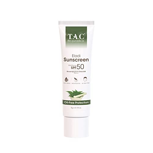 T.A.C The Ayurveda Co. Eladi Sunscreen, Matifying SPF 50 & PA+++, UVA & UVB Rays Protection, Sunscreen for Indian Summer Condition, for Women & Men, All Skin Types, 5gm