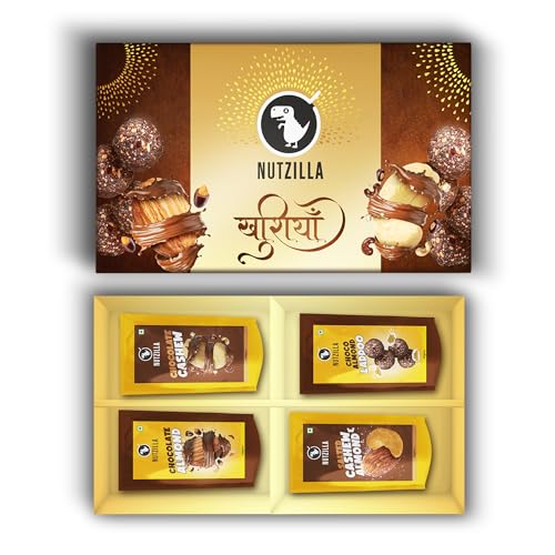 Nutzilla By Bevzilla Gift Box | 4 Premium Combo| Chocolate Almonds, Chocolate Cashew,Chocolate Almond Laddoo & Salted Almond & Cashews |40 Grams Each|Festive Gifting | Premium Gift Box | Gift Box |Corporate Gift Box