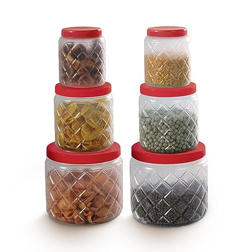 Aquaqlean Frosty Diamonds Plastic Airtight Canister Set | Food grade and BPA free canisters | Durable & Compact Design |Air tight seal & Stackable | Free from any kind of odor | Transparent Frosty Finish | 300ml x 2, 650ml x 2, 1200 x 2, (Set of 6)