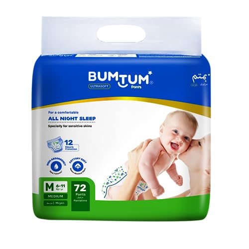 Bumtum Baby Diaper Pants, Medium Size, 72 Count, Double Layer Leakage Protection Infused With Aloe Vera, Cottony Soft High Absorb Technology (Pack of 1)