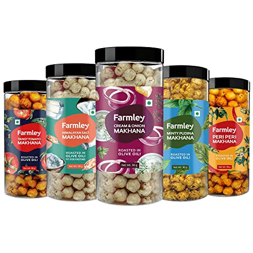 Farmley Roasted&Flavoured Healthy Makhana Snacks-Minty Pudina,Peri Peri,Tangy Tomato,Cream&Onion,Himalayan Salted|(Combo Pack Of 5,90 G Each)|Party Snacks|Namkeen Snacks|Puffed Snacks