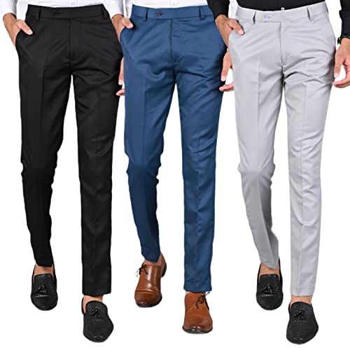 MANCREW Formal Pants for Men – Formal Pants for Men Combo Pack of 3 – Black, Blue, Light Grey