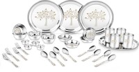 Classic Essentials Pack of 32 Stainless Steel Stainless Steel Vriksha Dinner set ,32-Pieces,Silver -Heavy Gauge with Permanent Laser Design Dinner Set(Silver)