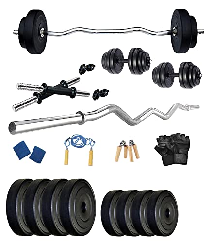 Protoner Home Gym 12 kgs, 3 kg x 4 Plates, 1 x 3 feet bar,2 x Dumbbell rods, Gloves, Gripper, Sweat Bands and Skipping Rope