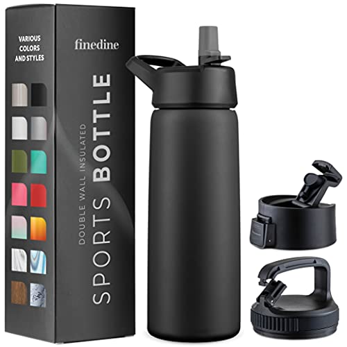 FineDine Triple Insulated Stainless Steel Water Bottle with Straw Lid – Flip Top Lid – Wide Mouth Cap (750 ml) Insulated Water Bottles, Keeps Hot and Cold (Inky Raven Black)