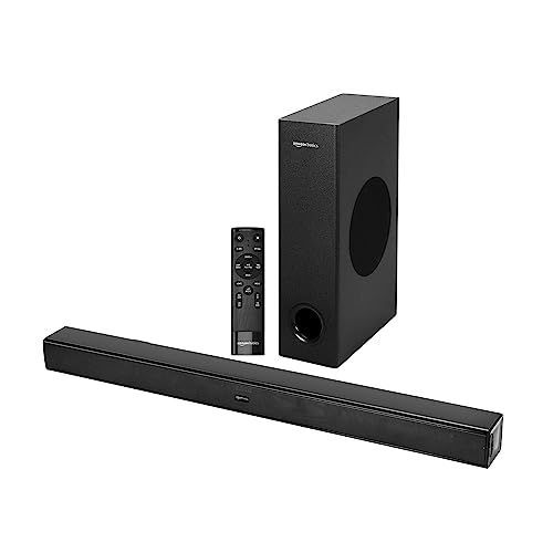 amazon basics Soundbar with Wired Subwoofer, 90W RMS, 2.1 Channel, Remote Control, BT v5.3, HDMI (ARC), Optical, Aux, USB, Compatible with TVs, Smart Phones, Tablets, PCs (Black)