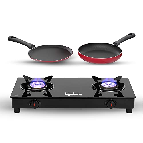 Lifelong LLCMBGS02 Manual Ignition 2 Burner Glass Top Gas stove For LPG Use with Dosa Tawa and Fry Pan combo (Black)