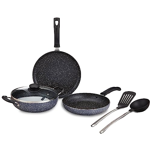 Amazon Brand – Solimo 6 Piece Non-Stick Cookware Set | Granite Finish | Induction Base | PFOA Free | HTR Exterior Coating | 25cm Tawa, 22 cm Kadai, 22cm Fry Pan, 1 Glass Lid & 2 Nylon Spatulas | Grey