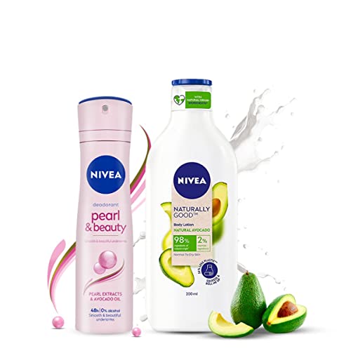 Nivea Pearl & Beauty Deodorant 48 Hrs, 150ml & Naturally Good, Natural Avocado Body Lotion, 200ml