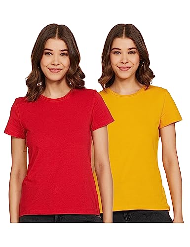 Amazon Brand – Symbol Women’s Regular T-Shirt (RN-PO2-COMBO29_Mustard & Chinese Red S)