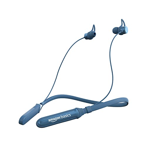 Amazon Basics in-Ear Bluetooth 5.0 Neckband with Up to 30 Hours Playtime, with Mic, Magnetic Earbuds, Voice Assistant, Dual Pairing and IPX6 Rated, Blue