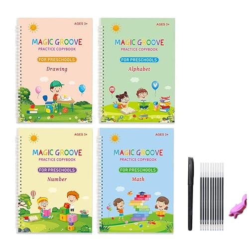 Graphene Magic Practice Copybook for Preschool Kids Reusable Books Contains Alphabets Numbers English and Math Excercise (4 Books, 1 Pen, 1 Gripper, 5 Refills)