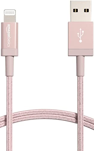 Amazon Basics New Release Nylon USB-A to Lightning Cable Cord, Fast Charging MFi Certified Charger for Apple iPhone, iPad (3-Ft, Rose Gold)