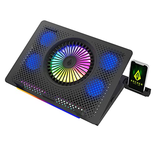 Archer Tech Lab, Squall 200 RGB Gaming Laptop Cooling Pad with Aluminium Metal Grid, 5 Turbo Fans, Dual USB Ports, 5 Adjustable Angles, 4-Place Adjustable Phone Holder (Supports up-to 17″ Laptop Size)