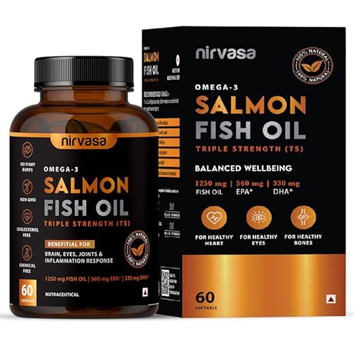 Nirvasa Omega 3 Salmon Fish Oil Softgel Capsules (Triple Strength) for Men & Women | 1250mg Salmon Fish Oil, 560mg EPA & 400mg DHA | No Fishy Burps | Supports Healthy Heart, Brain & Bones – 60 x 1 Cap