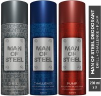 DENVER Combo of Man Of Steel Drill + Challenge + Pump Long lasting Deodorant Spray  –  For Men(600 ml, Pack of 3)