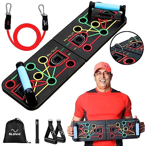 Pushup Board for Men with Resistance Tubes by SLOVIC 64 Plus Full Body Exercise Board Durable & Non-Slip & Foldable Pushup Board for Men All in One Pushup Board for Full Body Exercises