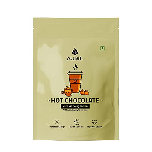 Auric Ashwagandha Hot Chocolate | Boosts Energy & Makes You Stronger from Inside | Protein Rich, Flavourful & Traditional | Unsweetened Drinking Chocolate for Milk | 50 Cups, 250 GMS