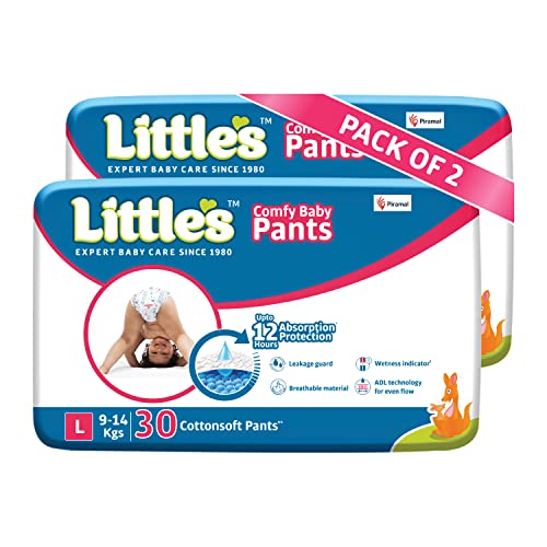 Little’s Baby Pants Diapers,Large (L), 9-14 kg, 60 Count, with Wetness Indicator and 12 Hours Absorption