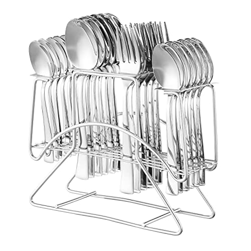 Amazon Brand – Solimo 25 Piece Cutlery Set with Stand | 6 Tea Spoons, 6 Snack Spoons, 6 Spoons & 6 Forks | Mirror Finish