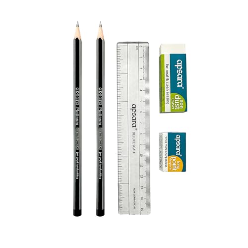 Apsara Platinum Kit, Includes 2 Platinum Pencils, 1 Long Point Sharpener, 1 Non-dust Jumbo Eraser & 1 Deluxe 15cm Scale, Scholastic Set for Students, Highly Portable, for Gifting Apck of 20