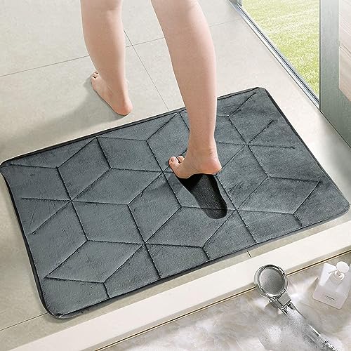 STATUS Memory Foam Bath Mat Rug, Ultra Soft and Non-Slip Bathroom Rugs, Water Absorbent and Machine Washable Bath Rug for Bathroom, Shower, and Tub, 16″ x 24″ (Grey)