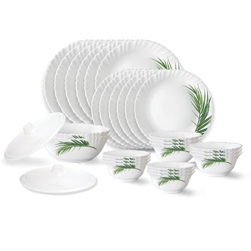 Larah by Borosil Fluted Crescent Dinner Set 28 Pieces, Opal Glass Dinner Plates & Bowls Crockery Set for Dinning, White