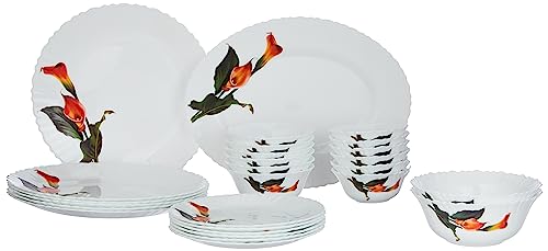 Larah by Borosil Fluted Stargazer Dinner Set 27 Pieces, Opal Glass Dinner Plates & Bowls Crockery Set for Dinning, White