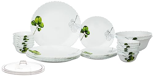Larah by Borosil Fluted Oval Dinner Set 28 Pieces, Opal Glass Dinner Plates & Bowls Crockery Set for Dinning, White