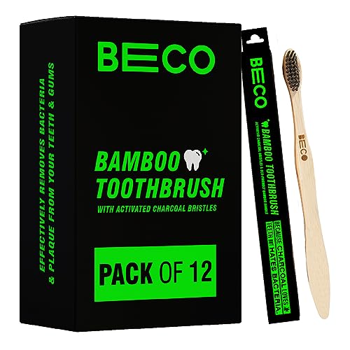 Beco Compostable Bamboo Toothbrush with Ultra-Soft Charcoal activated Bristles, 100% Natural & Eco-Friendly (Pack of 12)