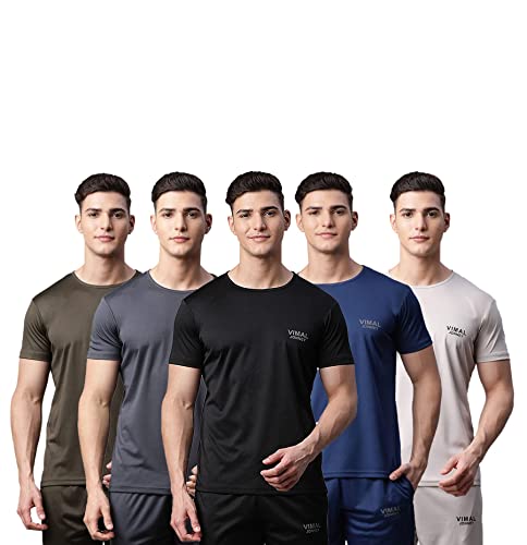 VIMAL JONNEY Dryfit Lycra Solid Multicolor T-Shirt for Men (Pack of 5)-Dryfit_T_BLK_BLU_Gry_L.Gry_OLV_05-M