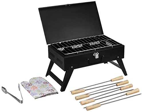 Amazon Brand – Solimo Briefcase Style Foldable Charcoal Barbeque Grill with 8 Skewers (Black)